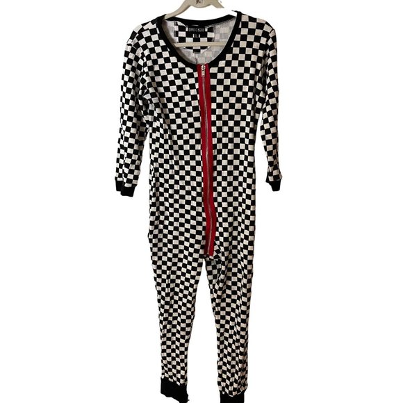 Current Mood Pants - Current Mood Womens Bodysuit Size Large Check Me Out Black White Red Waffle Knit